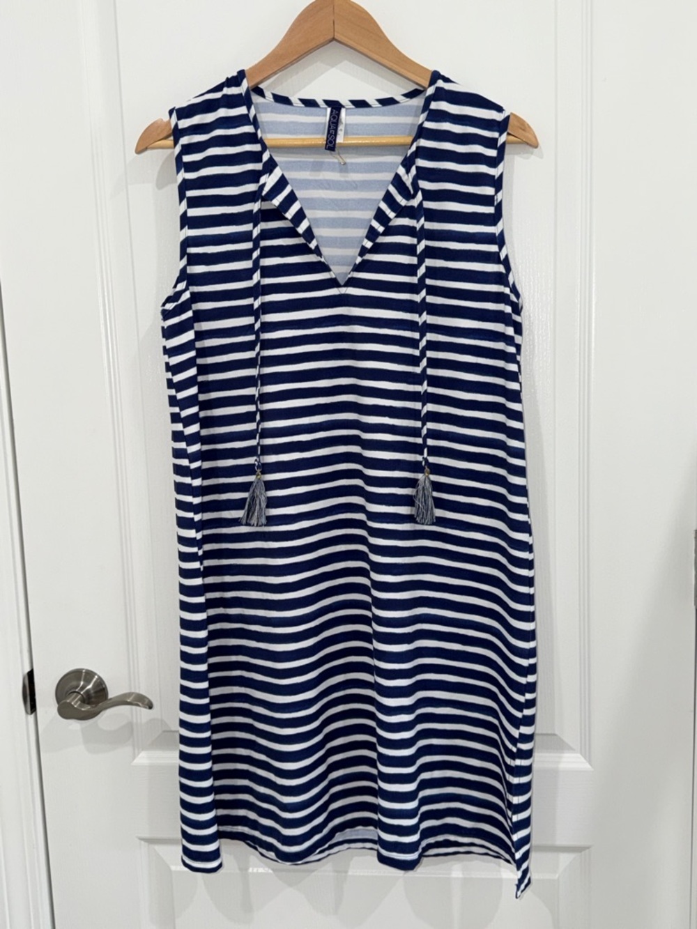 Aqua Et Sol Sleeveless Navy & White Striped Tassel Tunic Dress Beach coverup L